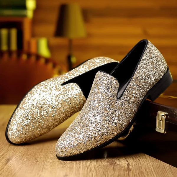 Elegant Men's Sequin Loafers for Weddings and Formal Parties - Designer Slip-On Flats with Pointed Toe and Comfortable PU Insole